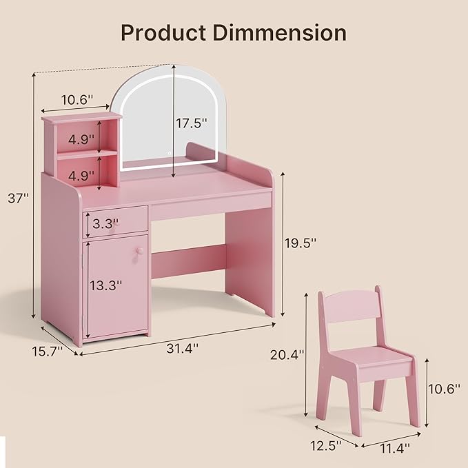 Gizoon Kids Vanity Desk with Mirror and Lights, Todder Vanity Table and Chair Set with 2 Tier Open Shelves Drawer and Cabinet, Kids Makeup Vanity for Little Girl, Pink