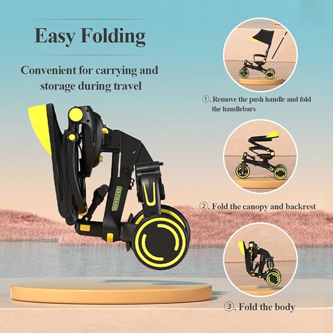 WinHope 9-in-1 Push Tricycle for Toddlers 1-3 Years | Convertible Kids Trike with Adjustable Parent Handle & Safety Harness, Lightweight Foldable Design + Storage Basket for Boys & Girls (Black)