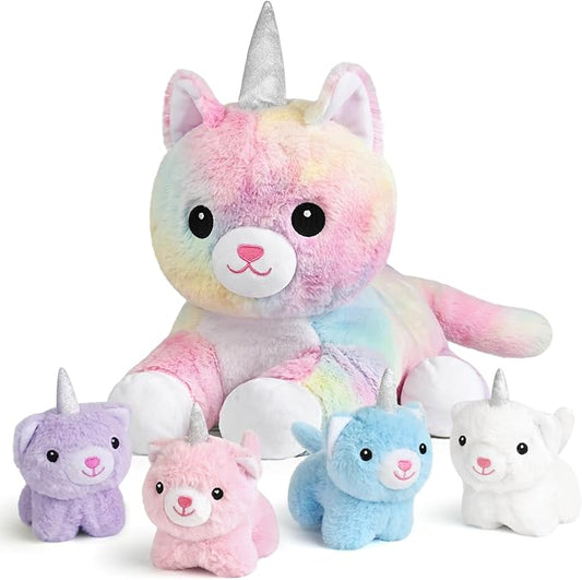 KIZZYEA Plush Unicorn Kitty Toys for Girls Ages 0 1 2 3 4 5 6 7 8+ Years, Cat Mommy Stuffed Animal with 4 Baby Kitties in Her Tummy, Plush Stuffed Toys Set, Ideal Birthday Valentines
