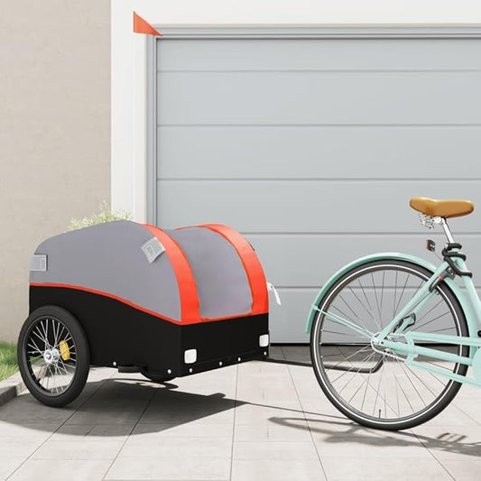 Bike Wagon Trailer, Bike Cart with Safety Flag, Bike Trailer Bicycle Cargo Trailer, Black and Orange 99.2 lb Iron, 52.4"x26.8"x26.8"