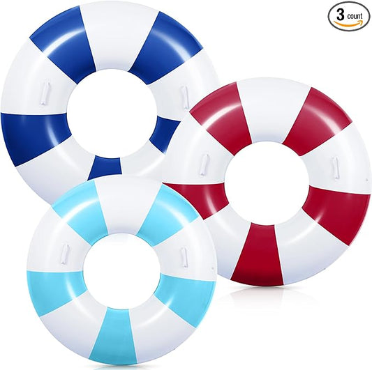 3 Pcs Large Swim Ring with Handles Set 47.24" 39.37" 35.43" Inflatable Pool Inner Tube Classic Striped Pool Ring Floats for Adults Teens Summer Lounger Beach Party Supplies