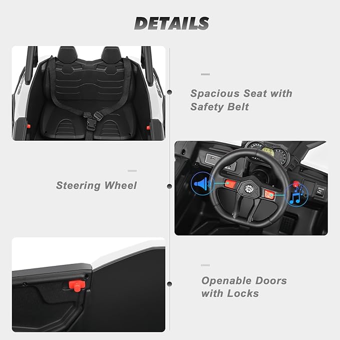 4WD Ride On Car, JOYLDIAS12V Battery Powered Electric Off-Road UTV for Kids, 4X4 Electric Vehicle with 4 Powerful Engines, 2.4G Remote Control, Music, Bluetooth, LED Lights for Boys and Girls, White