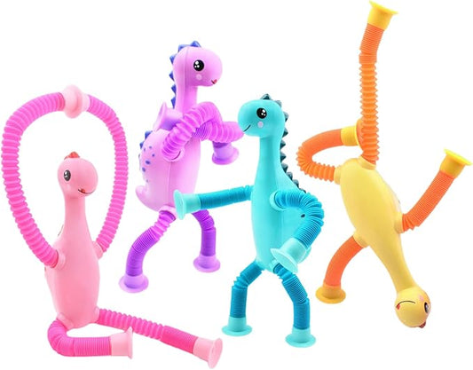 4Pcs Telescopic Suction Cup Dinosaur Toys,Sensory Toys for Kids 3-5 5-7,Toddler Toy,Fidget Toy,Toddler Travel Essential for Airplane,Pop Tubes, Christmas Stocking for Kids Boys Girls A