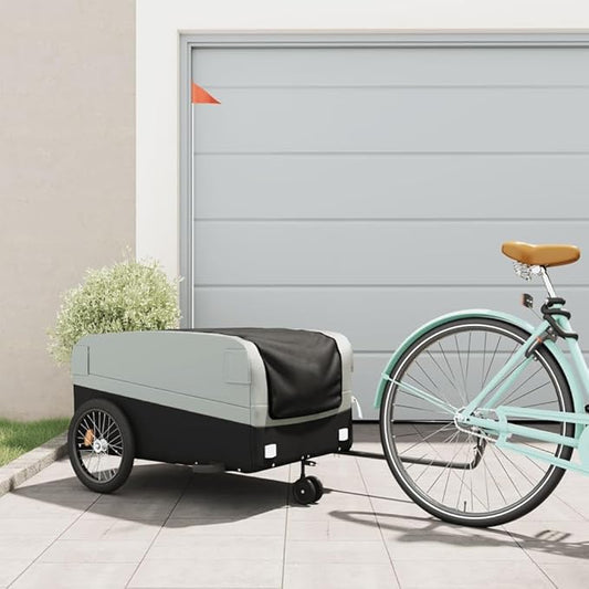 Bike Trailer Bicycle Cargo Trailer, Bike Wagon Trailer, Bike Cart with Safety Flag, Black and Gray 99.2 lb Iron, 49.6"x24.8"x20.1"