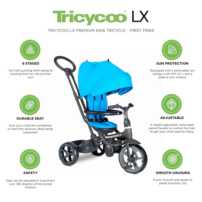 Joovy Tricycoo LX Premium Kids Tricycle with 8 Stages Featuring Chunky Front Tire, Removable and Adjustable Parent Handle, Safety Harness, Machine-Washable Seat Pad, and Retractable Canopy, Glacier