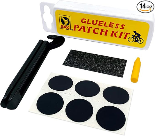 PAX 11Pcs Glueless Bike Tire Glueless Repair Patch Kit, 2 Pcs Nylon Tire Lever, Sand Paper, 1 Pc Marking Pen, 1 Pc Exposition in Portable Storage Box for Road, Mountain & BMX Bikes, ATV