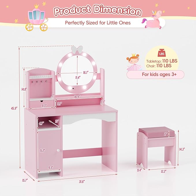 MU Kids Vanity Table and Chair Set – Princess Girls Vanity Set with Mirror, Lights, Jewelry Storage, and Cushioned Stool, Toddler Makeup Vanity for Little Girls (Pink)