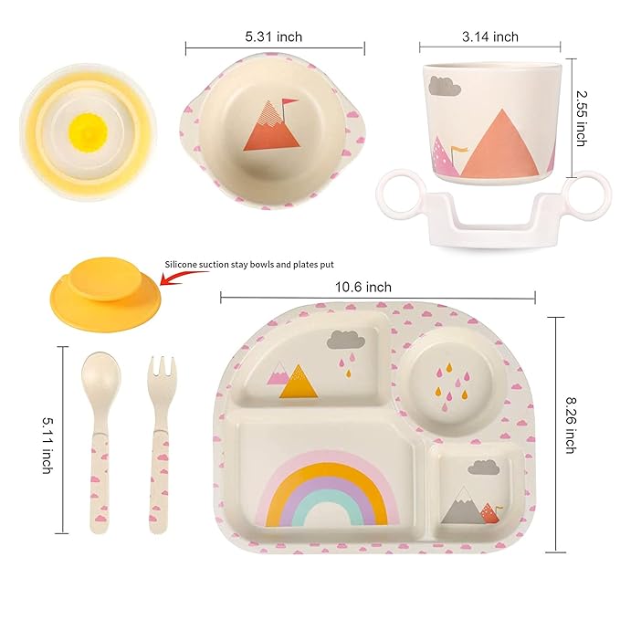 shopwithgreen 7Pcs/Set Bamboo Kids Dinnerware Set - Children Dishes - Food Plate Bowl Cup Spoon Fork Set Dishware, Cartoon Tableware, Dishwasher Safe Kids Healthy Mealtime, BPA Free