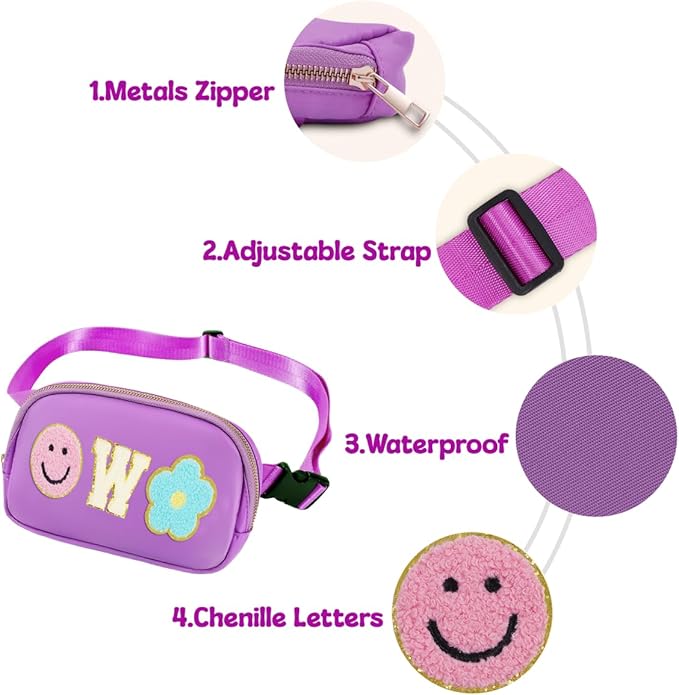 Fanny Pack for Girls Purple Kid Crossbody Bag Chenille W Letter Preppy Belt Bag, Christmas Birthday Easter Gifts for Teen Daughter Sister, Personalized Nylon Purse for 4 5 6 7 8 9 10 Year Old Girls