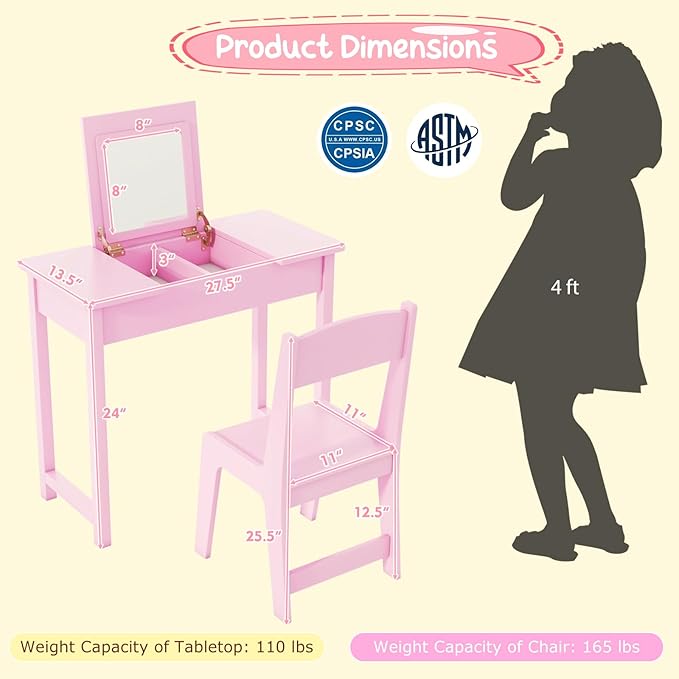 Costzon Kids Vanity, 2 in 1 Girls Vanity Set with Flip Top Mirror, Hidden Storage Space, Wooden Toddler Makeup Vanity Desk Dressing Table, Kids Vanity Table and Chair Set (Pink)