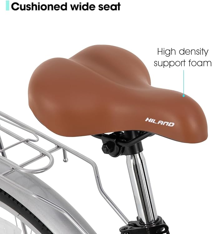 HILAND 26 inch Complete Beach Cruiser Bike for Adults, 7 Speed Step-Through Frame Womens Bicycle with Rear Rack, Retrospec Bike Commuter City Bicycle for Men