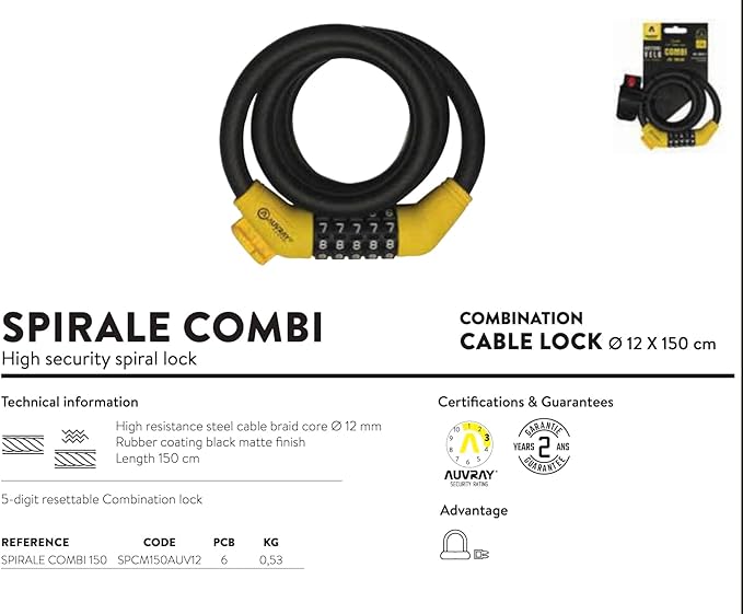 Bicycle Motorcycle Coiled Cable Lock Anti Theft (Coile Cable Combi)