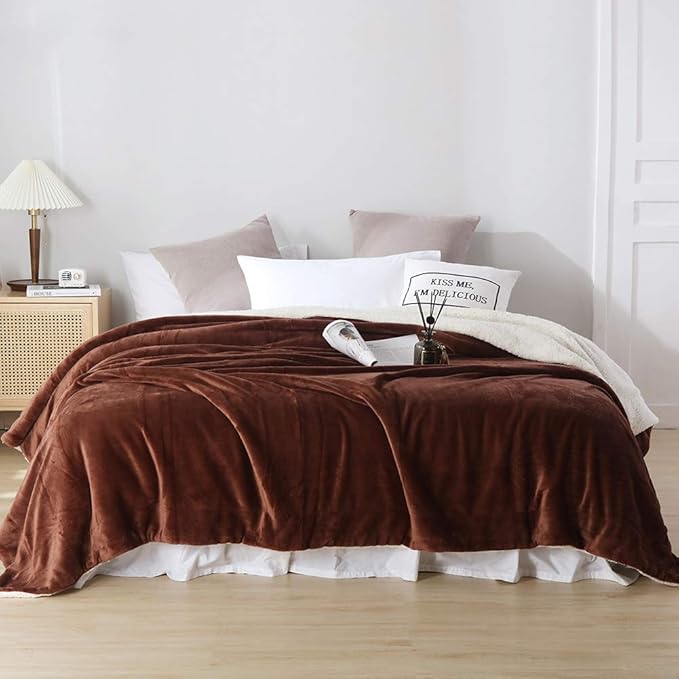 NANPIPER Fleece Throw Blanket Reversible Sherpa Flannel Blanket Super Soft Fuzzy Plush Microfiber (90"x90" Brown) Queen