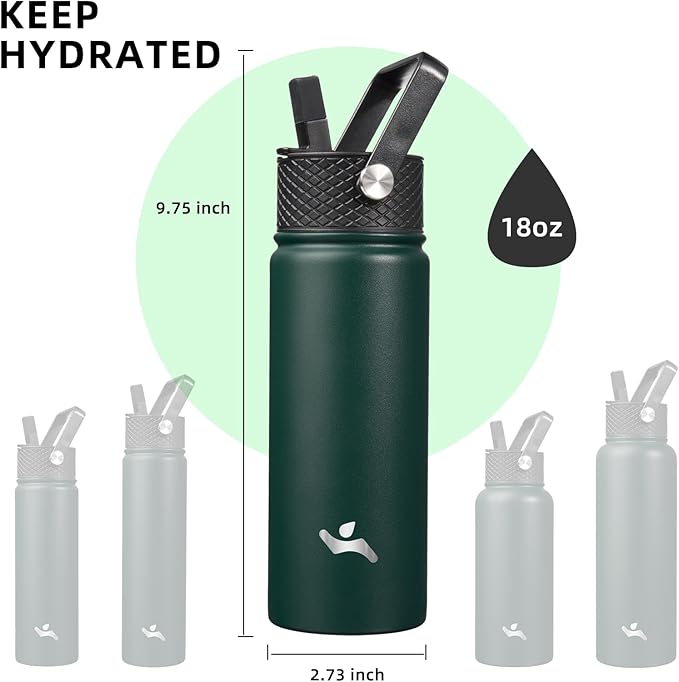 18 oz Insulated Water Bottle Stainless Steel Sport Bottles with 3 Lids,Army Green