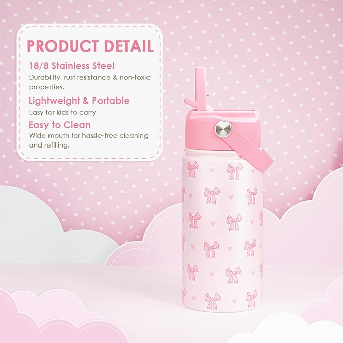 Bow Kids Water Bottle With Straw Lid 12oz Insulated Stainless Steel, Travel Tumbler, Pink Bow Gifts For Girls, Birthday, Christmas, Back To School