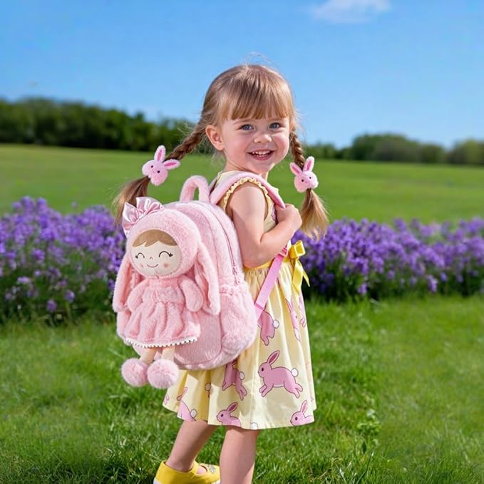 Gloveleya Toddler Backpack Plush Bag with Soft Pink Rabbit Doll Detachable Design 11inches Gift for Baby Girl 2+...