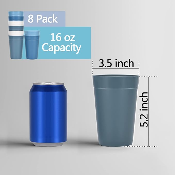 Homestockplus 16 Oz Tumbler Cups,Unbreakable Drinking Cups Microwave and Dishwasher Safe BPA Free Reusable Cup【Set of 8】