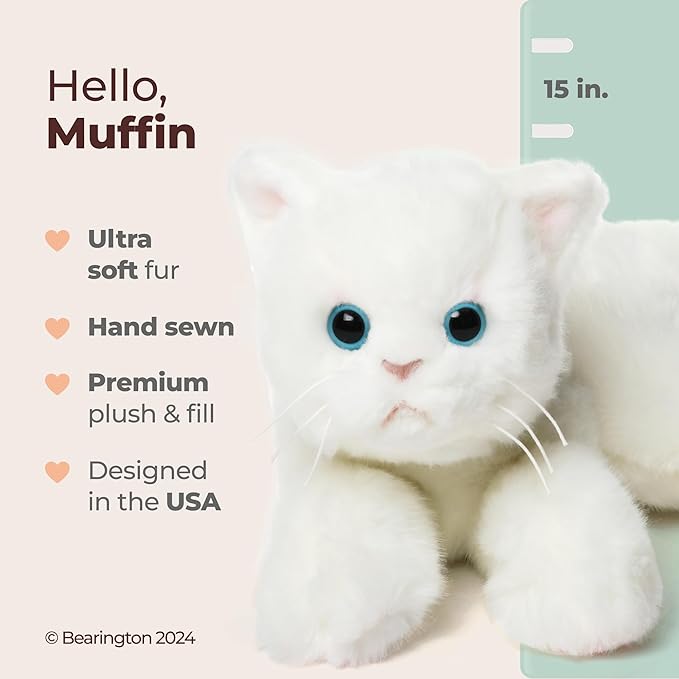 Bearington Collection Muffin Plush White Cat Stuffed Animal, 15 Inch