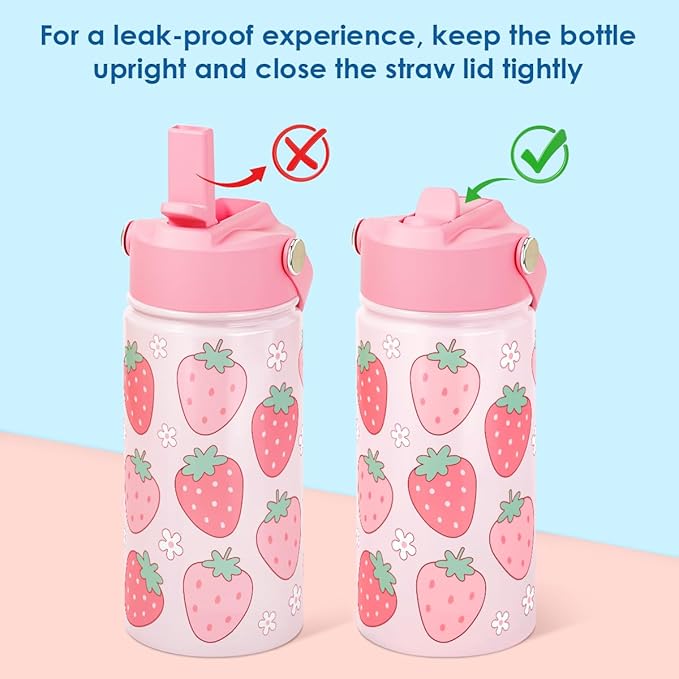 SANDJEST Kids Water Bottle with Straw Lid, Pack of 2 Insulated 12 Oz Stainless Steel Water Bottles for Girls, Travel Cup for School Sports, Mermaid - Strawberry