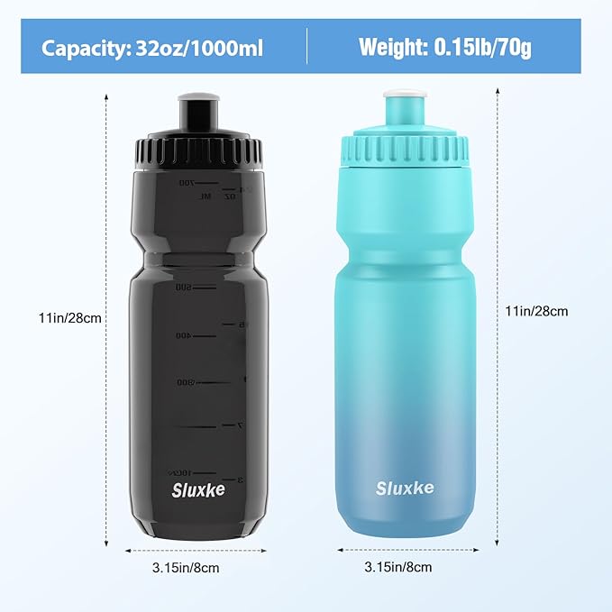 32oz Cycling Water Bottle 2Pack, 1000ml Sports Squeeze Bottle BPA Free, Lightweight Fits Most Bike Cages Bicycle