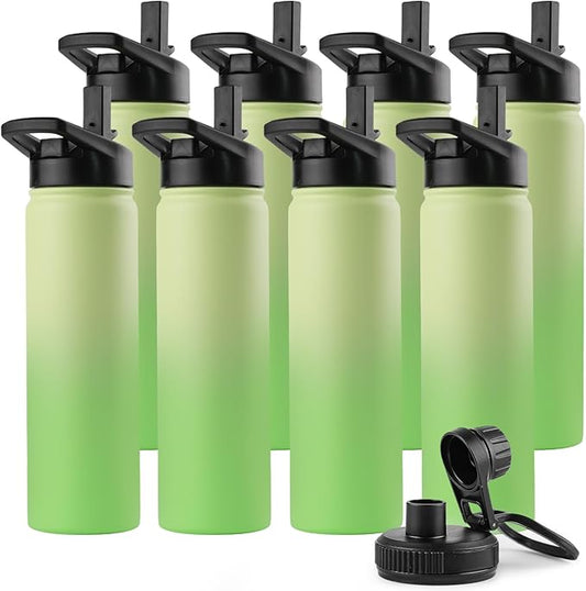 DOMICARE Insulated Water Bottle, 22 oz Vacuum Insulated Stainless Steel Reusable Sports Bottle with Straw Lid & Spout Lid for Travel, Camping, Bike, Leakproof, Green Gradient, 8 Pack