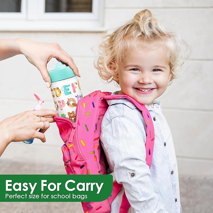 Alphabet Kids Water Bottle with Straw Lid 12oz Insulated Stainless Steel, Travel Tumbler, Animal Gifts for Boys Girls, Birthday, Christmas, Back to School