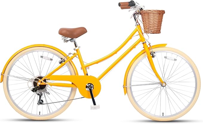 Glerc 20 24 26 Inch Beach Cruiser Bike, 6-Speed Hybrid City Bicycle for Girls Youth and Over 6 Years Old, Missy Bike with Wicker Basket & Lightweight, Multiple Colors