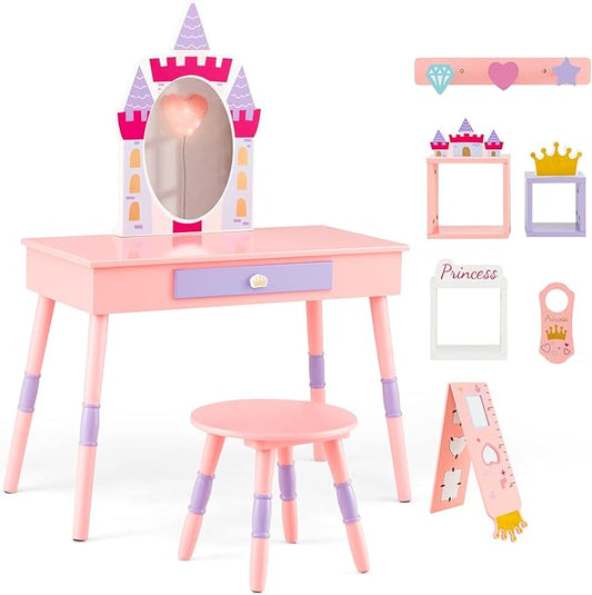 HONEY JOY Kids Vanity Set, Castle Pretend Play Vanity Table & Chair Set w/Drawer, Princess Makeup Dressing Table for Toddlers, Rich Accessories, Girls Vanity Set with Mirror and Stool, Pink
