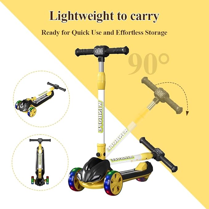 3-Wheel Foldable Kick Scooter for Kids, 4 Adjustable Height Toddler Scooter with LED Lighted Wheels, Lean-to-Steer Design& Wider Anti-Slip Deck for Children Boys & Girls Ages 3-8