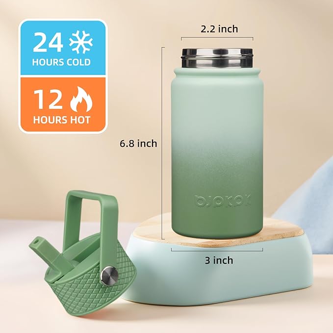 BJPKPK Insulated Water Bottle with Straw Lid, 15oz Cute Water Bottles, Stainless Steel Metal Thermo, Reusable BPA Free Leak Proof Tumblers, Cups,Forest Green