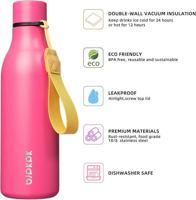 BJPKPK Insulated Water Bottles, 18 oz Stainless Steel Metal Water Bottle with Strap, BPA Free Leak Proof Thermo, Mugs, Flasks, Reusable Water Bottle for Sports & Travel, Pink