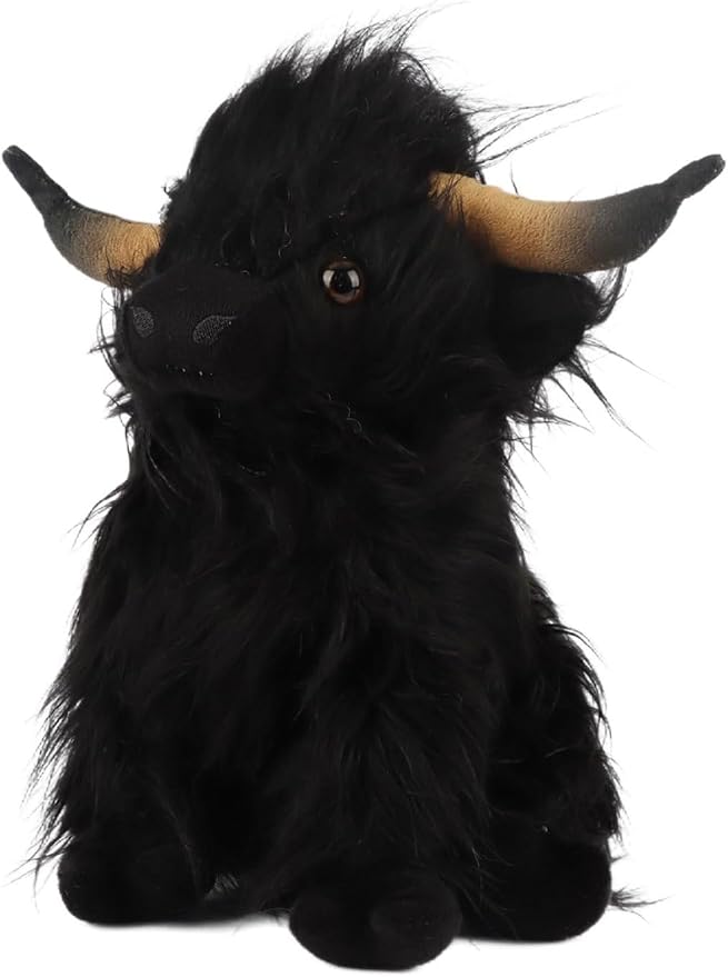 Highland Cow Fluffy Stuffed Animal, 10" Adorable Realistic Plush Toy Soft Cute Cow Plushie Home Decor Gift for Boys Girls Kids Teens Adults, Black