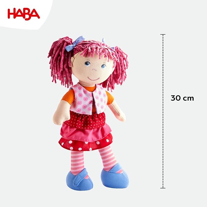 HABA Lilli-Lou 12" Soft Doll with Pink Hair in Pigtails, Blue Eyes & Embroidered Face, Machine Washable Baby Doll for Ages 18 Months+