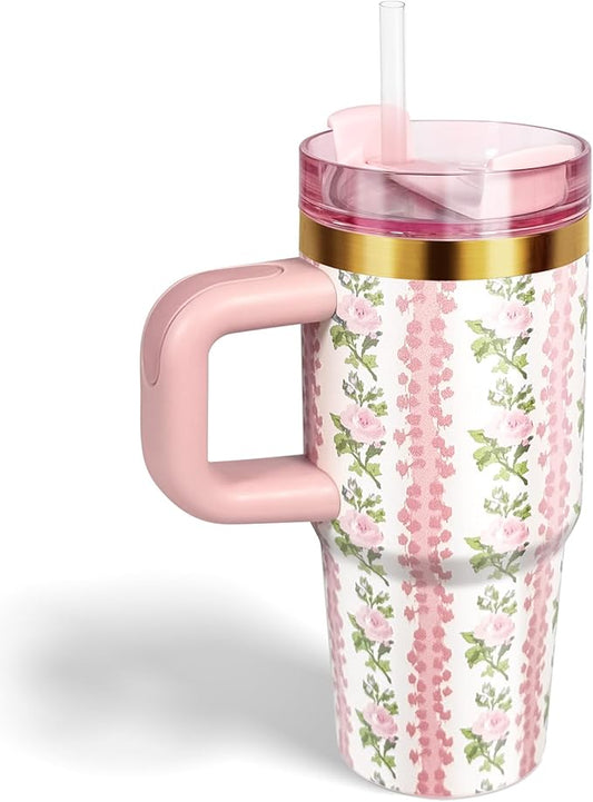 14 oz Tumbler with Handle and Straw, 14oz Toddler Tumbler with Lid and Straw for Kids Stainless Steel Tumblers, Outdoor Sports Travel School Gift, Keeps Drinks Cold up to 24 Hrs(Pink Flower)