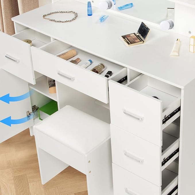 Makeup Vanity Desk with Lighted Mirror, 39.4''W White Vanity with 3-Color Adjustable Brightness, 7 Drawers & Open Shelves, Big Vanity Table for Bedroom, Girls & Women