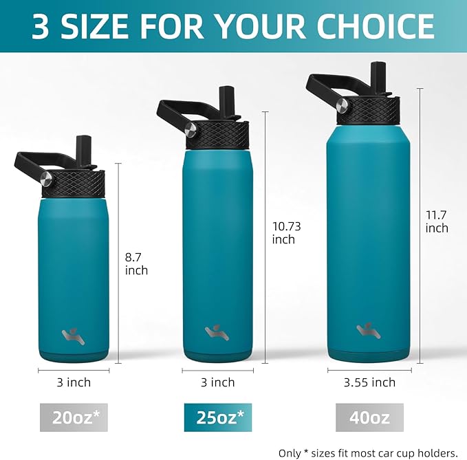 25oz Insulated Stainless Steel Water Bottle with Straw and 3 Lids, BPA-Free Sports Water Bottle,travel water bottle,Lake Blue