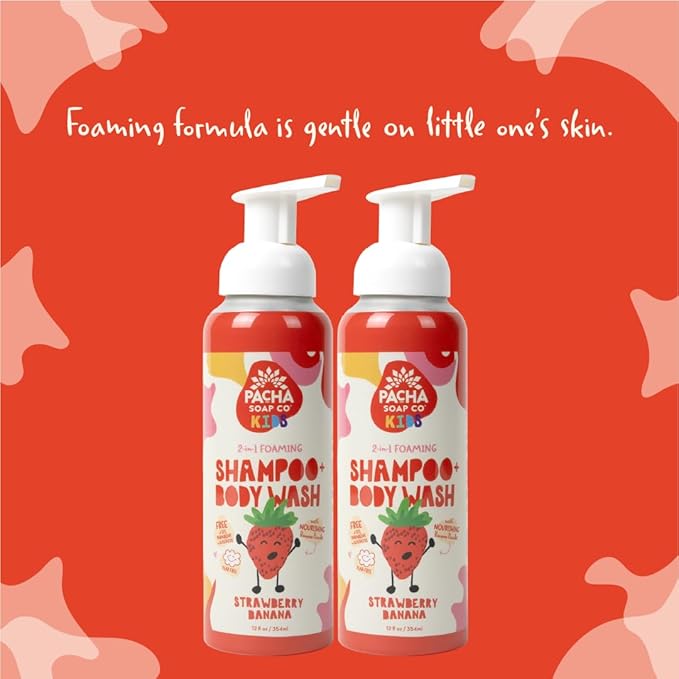 Pacha Soap Co. Kids Foaming Shampoo & Body Wash, Strawberry Banana - Tear-Free, Plant-Based, Vegan, Nourishing, Moisturizing, Vitamin-Rich, Non-Toxic 2-in-1 Cleanser, Recyclable, Made in USA, 2-Pack