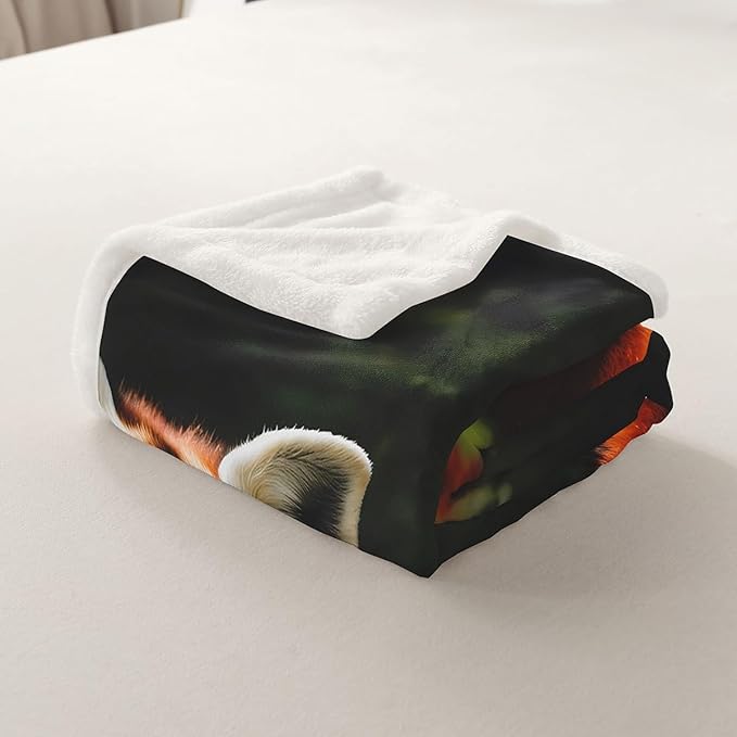 Raccoon Sherpa Fleece Throw Blanket - Red Panda Plush, Green Leaves 3D Wild Animal Pattern, Ultra Soft, 50x60 Inch
