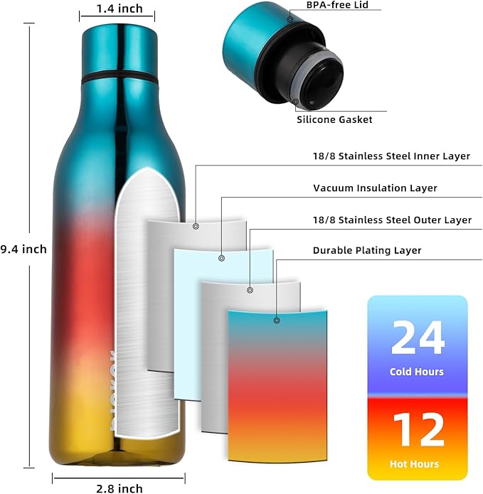 BJPKPK Insulated Water Bottles, 18 oz Stainless Steel Metal Water Bottle with Strap, BPA Free Leak Proof Thermo,Mugs,Flasks, Reusable Water Bottle for Sports & Travel, Caribbean Sunrise