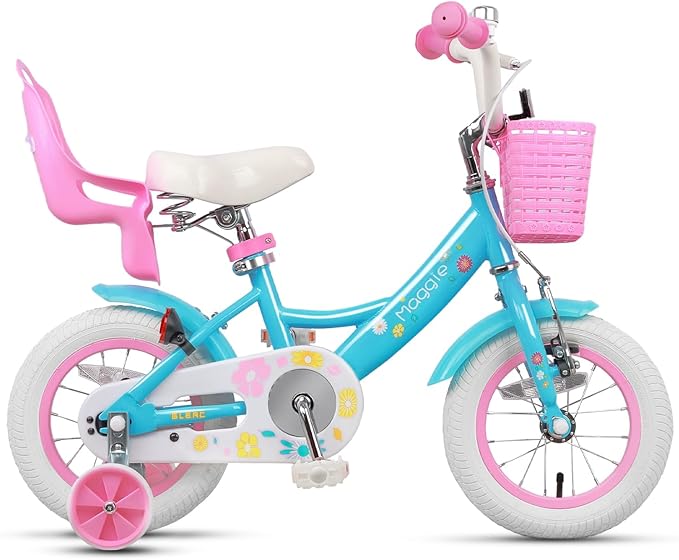 Glerc Maggie Girls Bike, 12-20 Inch Kids Bike for 2-13 Years Old Children, Princess Style Kids Bicycle with Doll-Seat & Basket & Training Wheels, Multiple Colors