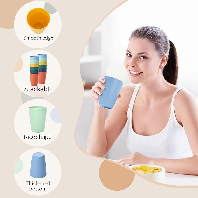 Lazycorner Wheat Straw Cup 12 Pcs Drinking Glasses Unbreakable Drinking Cup Reusable Water Plastic Glasses Tumblers with 6 Colors (12 oz)