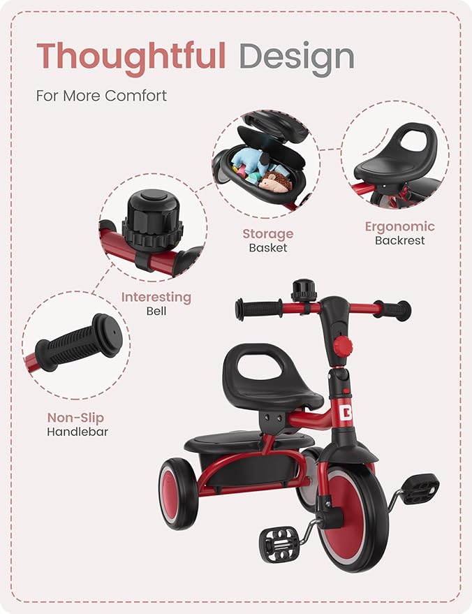 besrey Toddler Tricycle with Bell, Kids Tricycle Age 18 Months to 5 Years, Kids Trike, Toddler Bike for 1.5-5 Year Olds, Baby Trike, Gifts & Toys for Boys & Girls, Red