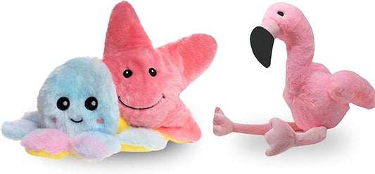 Flourish Pets 3 in 1 Multi-Layer Chew Toy for Active Dogs | Non-Toxic BPA Free Double Stitched Soft Fabric Exterior Dog Toys | Long-Lasting Dog Plush Toys - Large Flamingo/Octopus 5"