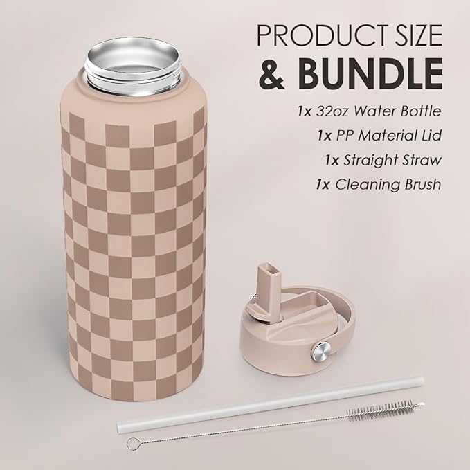 Checkerboard Water Bottle 32oz Stainless Steel with Lid & Straw, Beige Checker Insulated Bottles for Women Girls, Gift Idea for Christmas Birthday