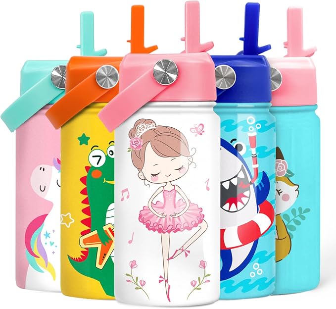Ballet Water Bottle - Kids Water Bottle with Straw Lid - 12 Oz Insulated Stainless Steel Water Bottles for Kid Girls - Travel Cup for School Sports