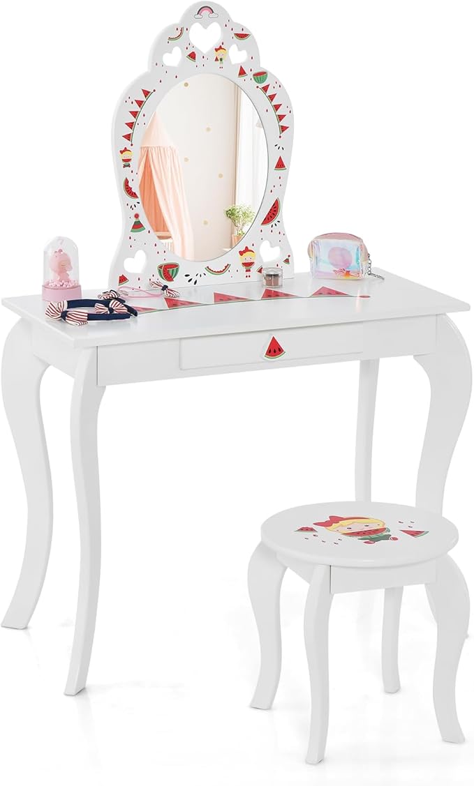 HONEY JOY Kids Vanity, Wooden Vanity Table & Chair Set with Mirror and Stool, Princess Pretend Play Dressing Table w/Detachable Top, Watermelon Theme Toddler Makeup Vanity Set for Little Girls