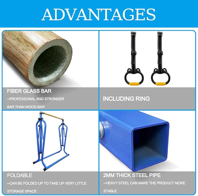 Foldable Gymnastics Kip Bar,Horizontal Bar for Kids,No Wobble Gym Equipment for Home Indoor,3' to 5' Adjustable Height,Gymnasts 1-4 Levels,300 lbs Weight Capacity