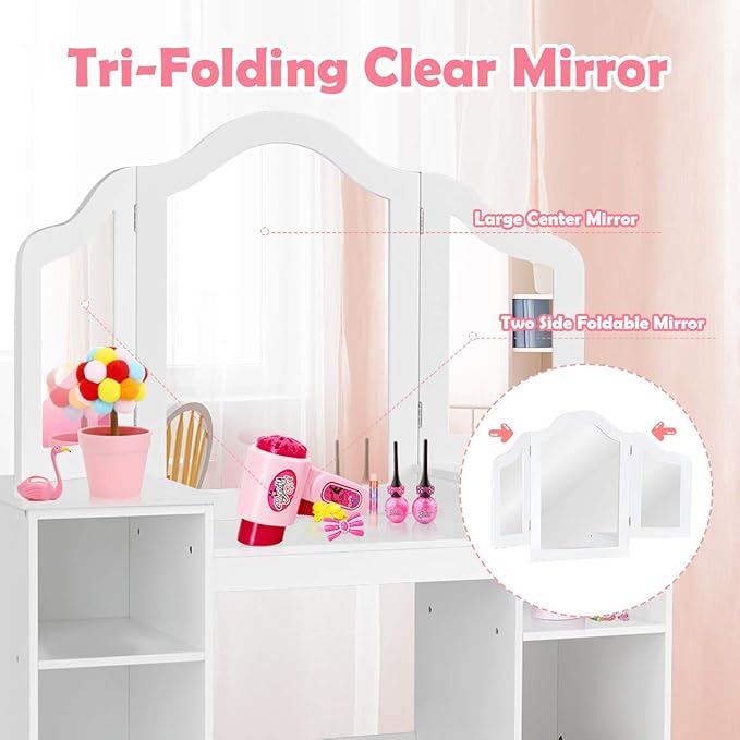 Costzon Kids Vanity, 2 in 1 Princess Makeup Desk Dressing Table with Detachable Top, Toddler Vanity with Tri-fold Mirror & Storage Shelves, Vanity for Little Girls, White