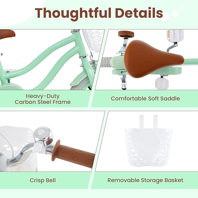 COSTWAY Kids Bike, 12 14 16 18 Inch Toddler Bike Children Bicycle w/Training Wheels, Hand & Coaster Brakes, Adjustable Saddle & Handlebar, Basket, Bell, Kids Bicycle for Girls Boys Aged 3-8 Years Old