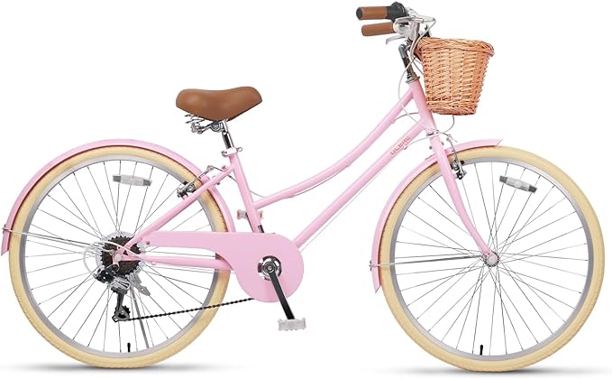 Glerc 20 24 26 Inch Beach Cruiser Bike, 6-Speed Hybrid City Bicycle for Girls Youth and Over 6 Years Old, Missy Bike with Wicker Basket & Lightweight, Multiple Colors